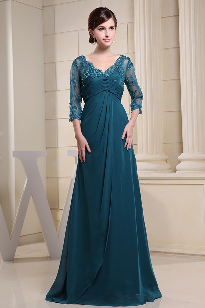 green emerald velvet dress Dreamylily A-line V-Neck Floor-Length Lace Sequin Chiffon Mother of the Bride  Dress With Pleated main image 0