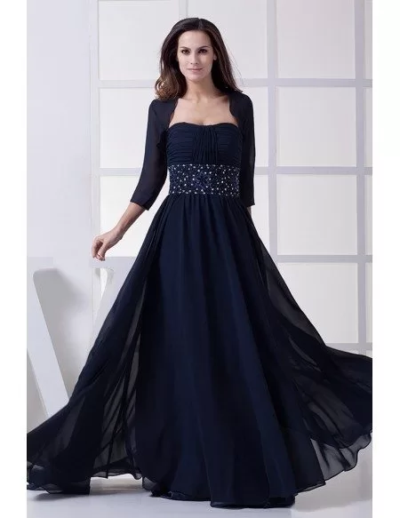 Dark Navy Blue Beaded Chiffon Long Mother of Bride Dress with Jacket