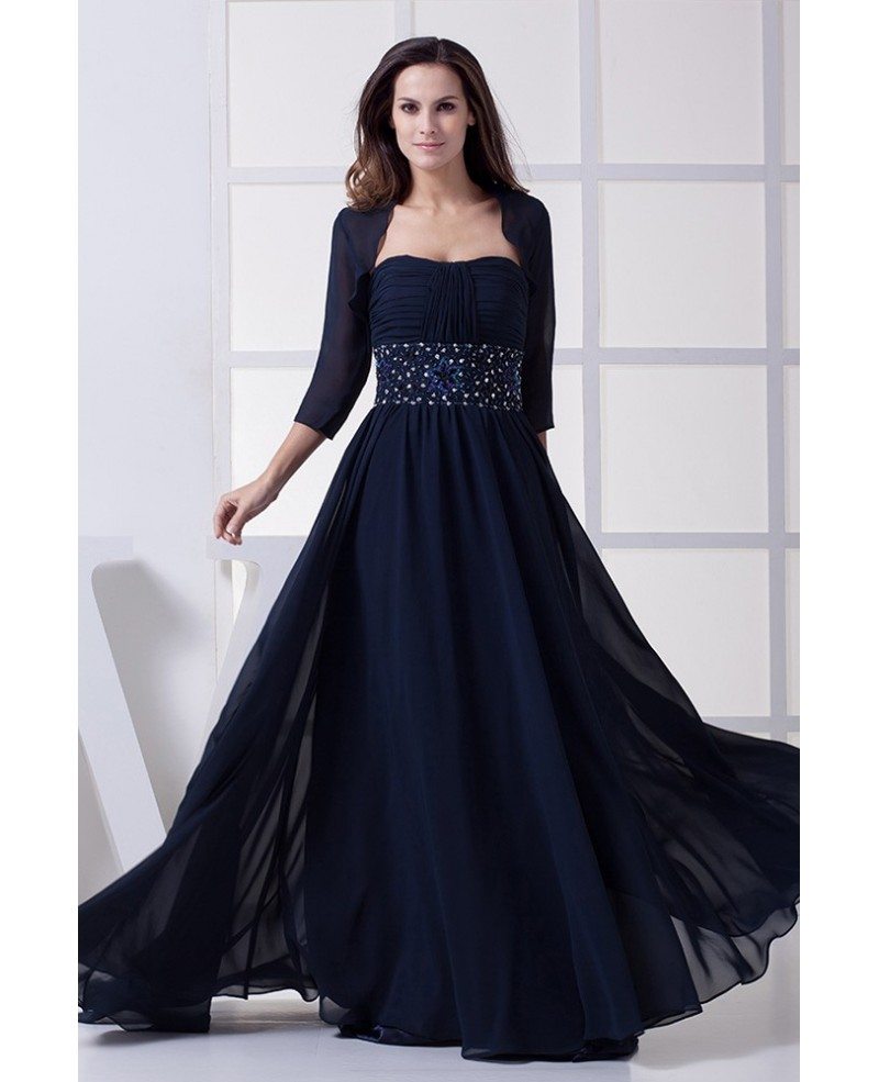 Navy Blue Elegant Mother Of The Bride Dresses With Jacket Beaded Chiffon Long Style OP4457 158