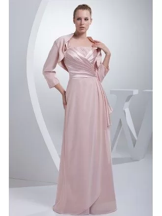 Pink Satin with Chiffon Floor Length Jacket Style Mother of Bride Dress