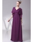 Simple Floor Length Pleated V Neck Grape Bridal Party Dress with Sleeve Jacket