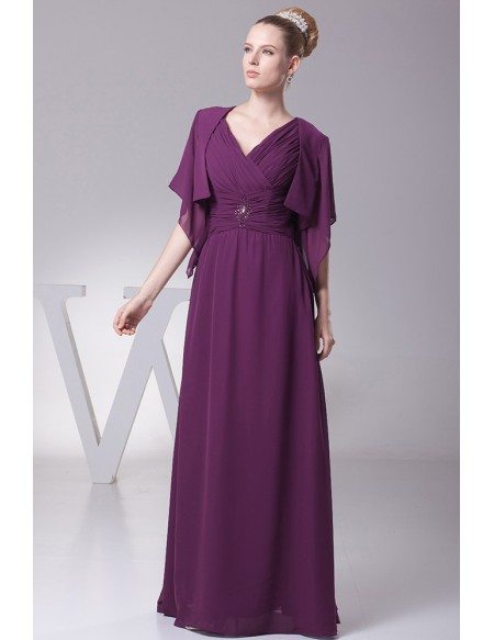 Simple Floor Length Pleated V Neck Grape Bridal Party Dress with Sleeve Jacket