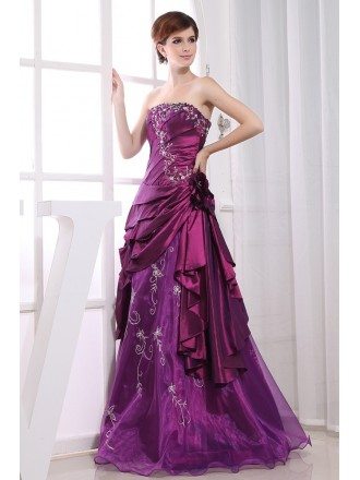 Purple Ball-gown Strapless Floor-length Satin Tulle Wedding Dress With Beading