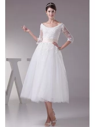 A-line Scoop Neck Tea-length Tulle Wedding Dress With Appliques Lace