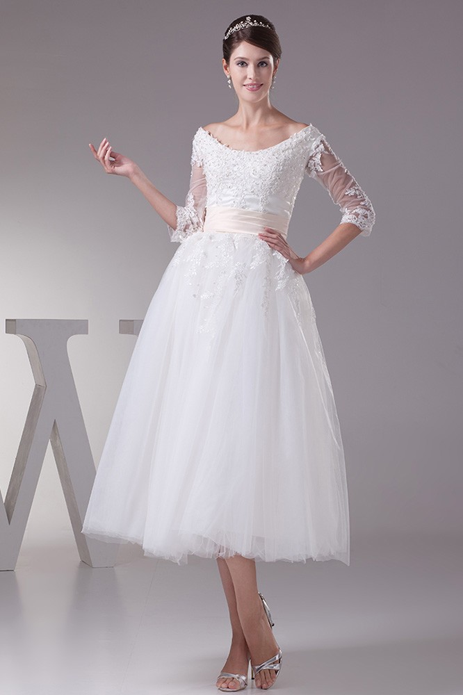 Tea-length Tulle Wedding Dress A-line Scoop Neck With Appliques Lace # ...