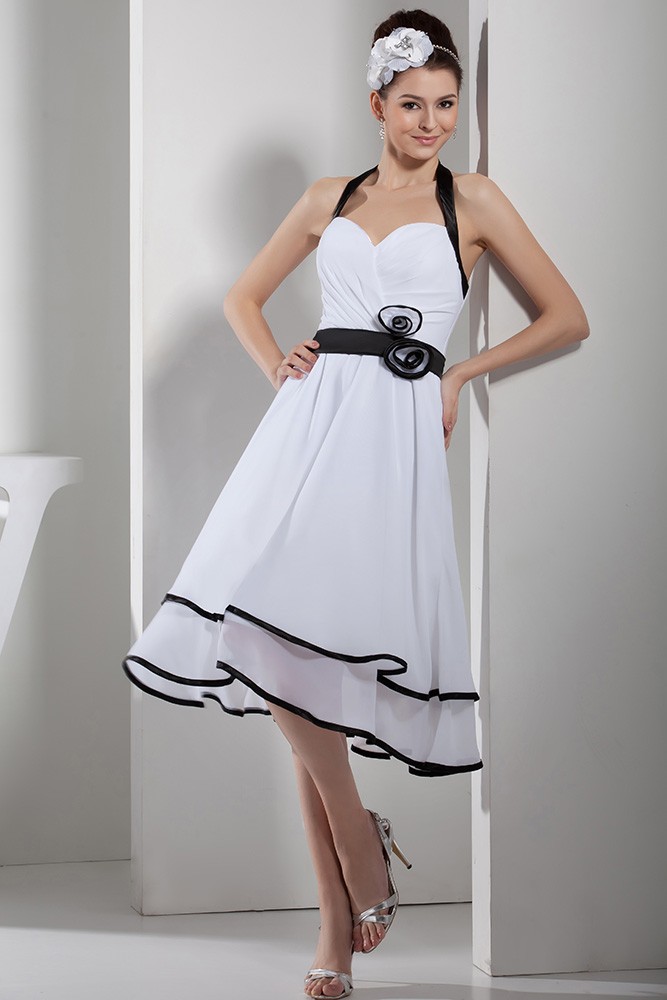 Halter Tea Length Wedding Dresses With Black Color Chiffon Style 