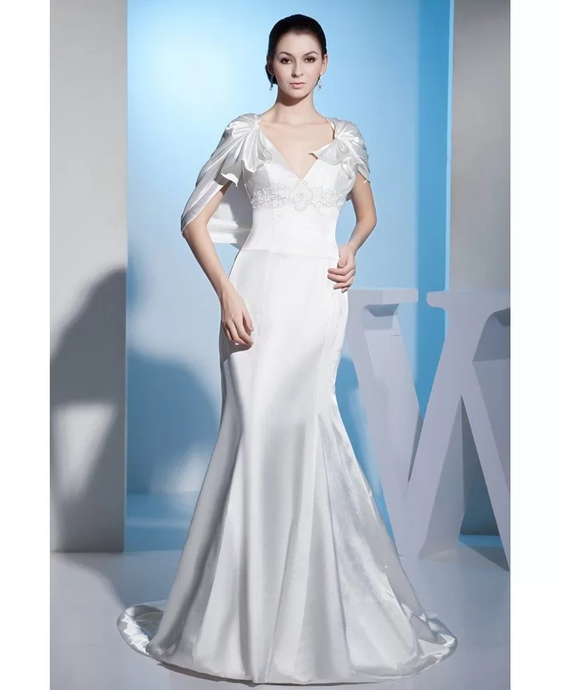 Mermaid V neck Sweep Train Satin Wedding Dress With Beading OP4697 165 2 GemGrace