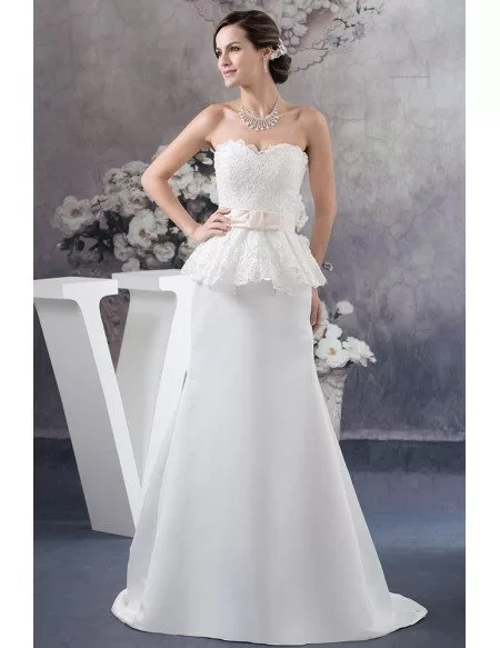A-line Sweetheart Sweep Train Satin Wedding Dress With Lace
