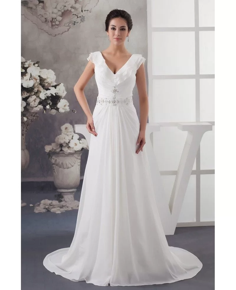 A-line V-neck Sweep Train Chiffon Wedding Dress With Beading #OP4794 ...