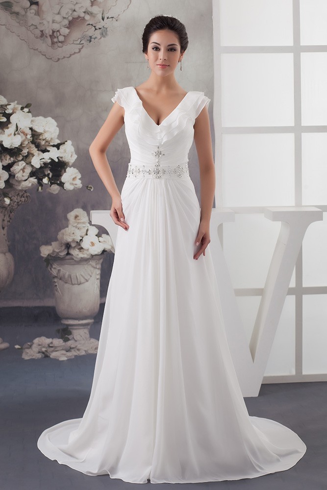 A-line V-neck Sweep Train Chiffon Wedding Dress With Beading #OP4794 ...