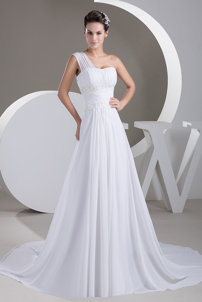 A-line One-shoulder Court Train Chiffon Wedding Dress With Beading # ...