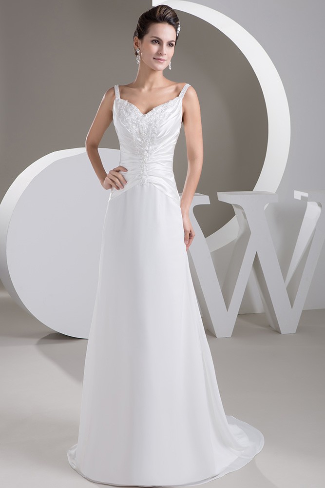 A-line V-neck Sweep Train Chiffon Wedding Dress With Beading #OP4837 ...