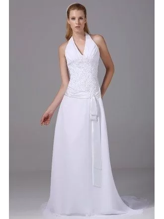 Long Halter Sequined Lace Chiffon Wedding Dress with Sash