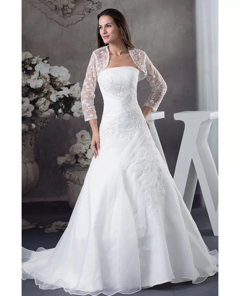 Strapless Organza Lace Wedding Dress With 3 4 Sleeves Jacket OPH1267 269 GemGrace