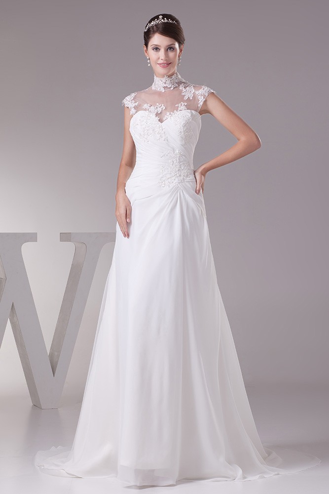 Elegant Long Halter Cap Sleeves Lace Chiffon Beach Wedding Dress # ...
