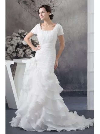 Modest Square Neckline Short Sleeves Pleated Mature Wedding Dress