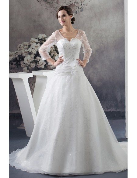 Sequined Three Quarter Sleeves Organza Ballgown Wedding Dress #OPH1398 ...