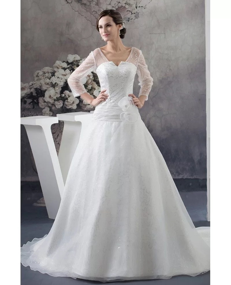 Sequined Three Quarter Sleeves Organza Ballgown Wedding Dress #OPH1398 ...