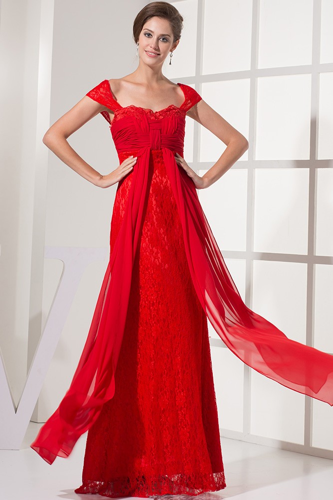 Cap Sleeve Pleated A-Line Chiffon Long Dress Red main image 1