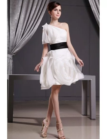 Modern White And Black Short Wedding Dresses A Line One Shoulder