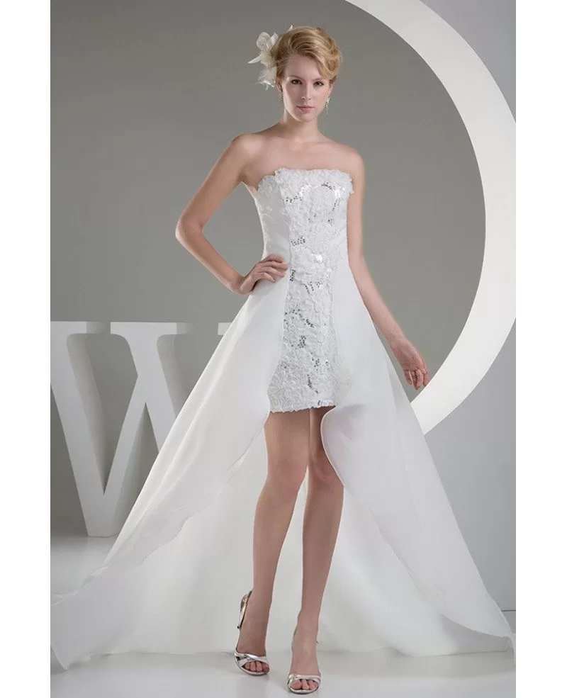 Classy High Low Wedding Dresses With Train Chic Strapless Lace Short Front Long Back Style 