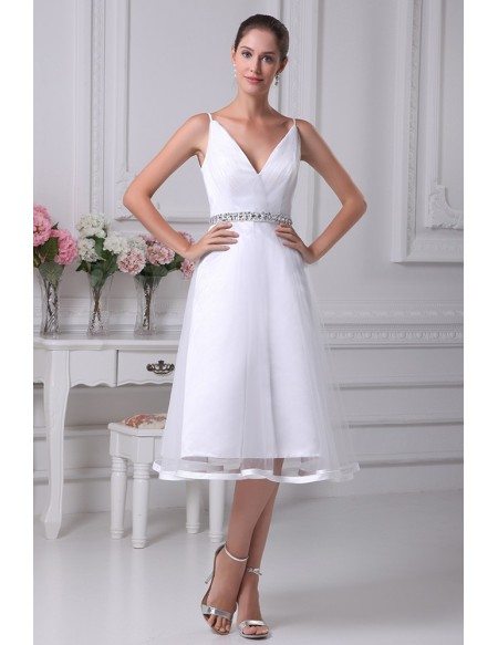 Simple Spaghetti Straps Short Tulle Beaded Bridal Dress with Deep V Neck