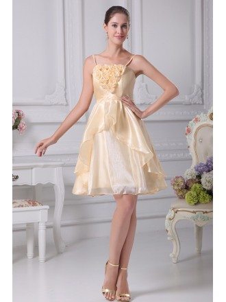 Cute Champagne Floral Short Bridal Party Dress with Spaghetti Straps
