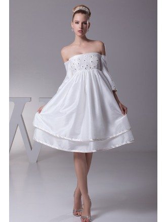Strapless Short White Floral Beading Taffeta Bridal Dress with Sleeves