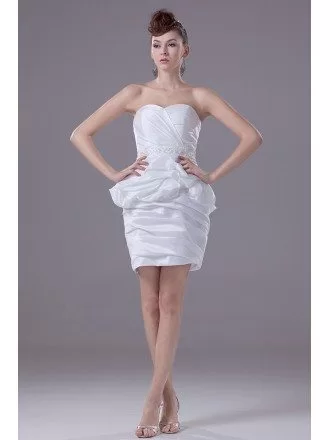 Little Plain White Short Taffeta Wedding Dress with Beaded Waist