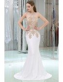 Long Halter Beaded Mermaid Chiffon Prom Dress With Gold Applique Lace