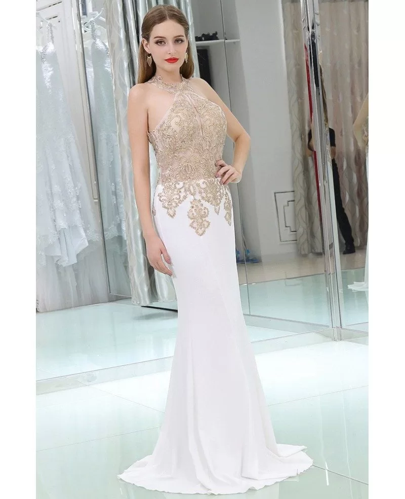 Long Halter Beaded Mermaid Chiffon Prom Dress With Gold Applique Lace # ...