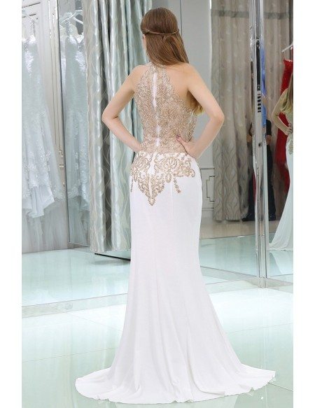 Long Halter Beaded Mermaid Chiffon Prom Dress With Gold Applique Lace