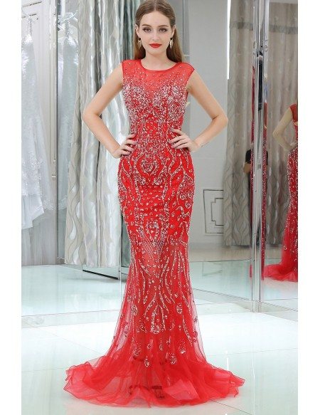 Sparkly Beading Tulle Mermaid Red Prom Dress With Sequins #B002 ...