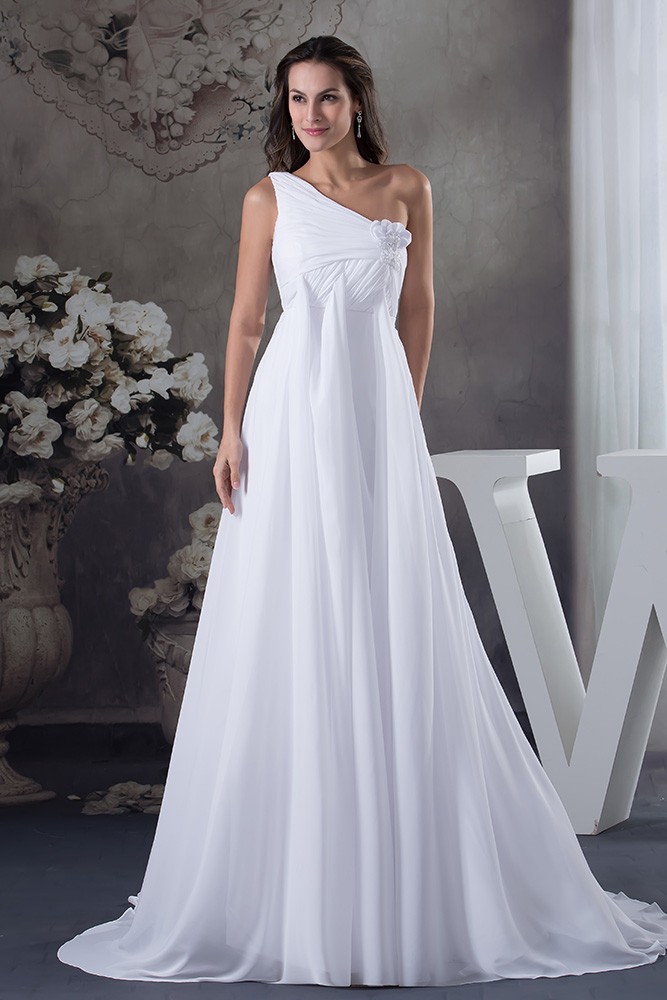 One Shoulder Empire Waist Tea Length Wedding Dress