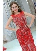 Sparkly Beading Tulle Mermaid Red Prom Dress With Sequins