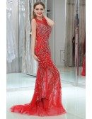 Sparkly Beading Tulle Mermaid Red Prom Dress With Sequins