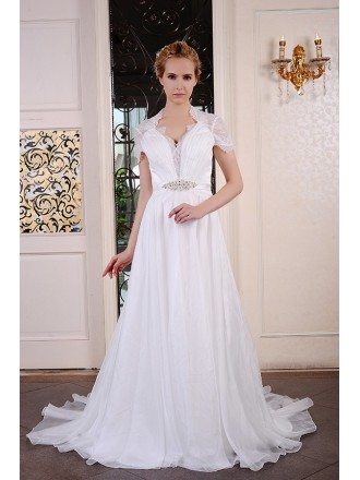 A-Line V-neck Sweep Train Organza Wedding Dress With Beading Appliquer Lace