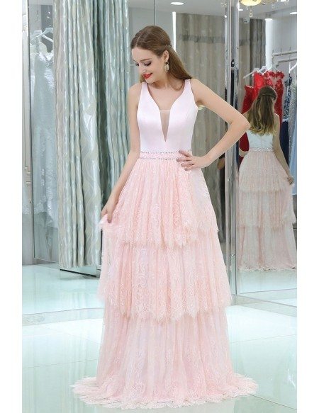 Deep V Cute Pink Layered Lace Prom Dress With Sweep Train