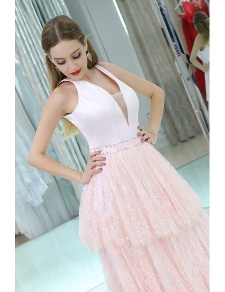 Deep V Cute Pink Layered Lace Prom Dress With Sweep Train