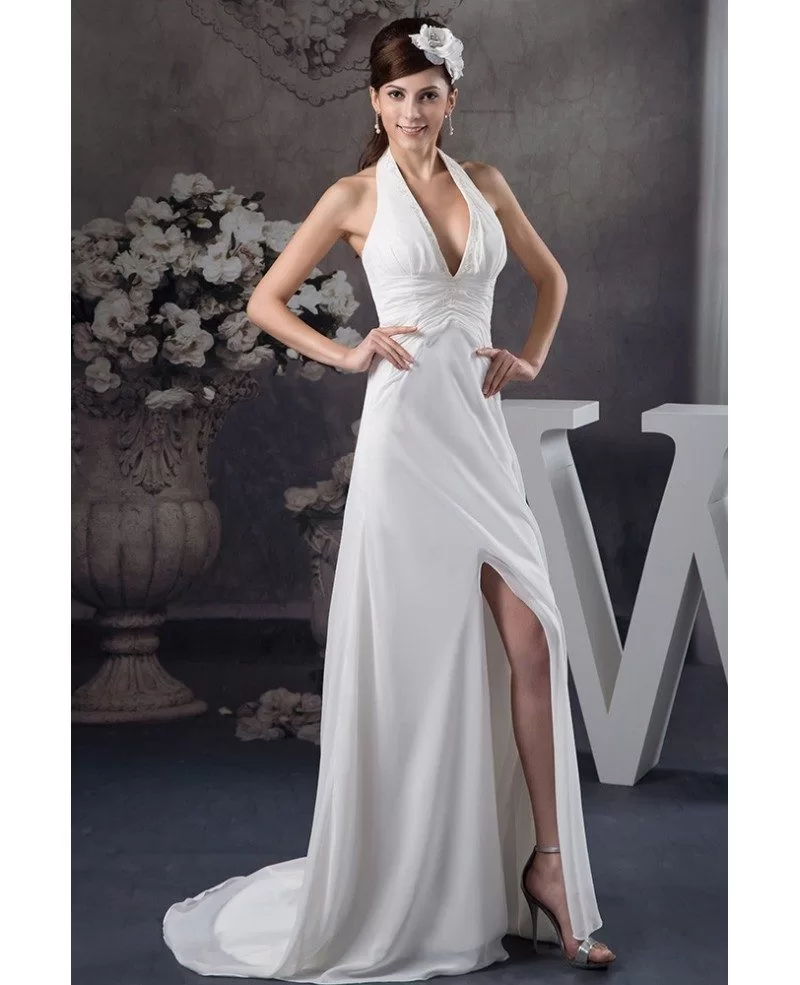 A line Halter Sweep Train Chiffon Wedding Dress With Split OP41077 160 GemGrace