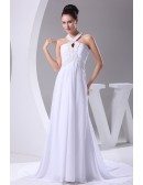 Plain White Long Halter Beading Chiffon Wedding Dress with Train