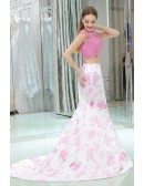 Two Pieces Mermaid Floral Pink Prom Dress With Beading