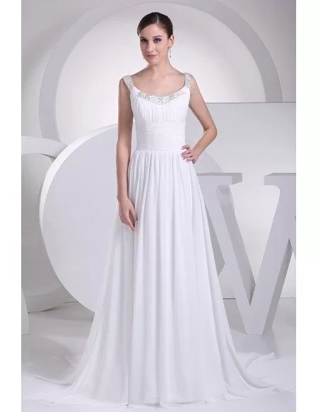 Flowing Chiffon Train White Folded Bridal Dress with Beading Neck
