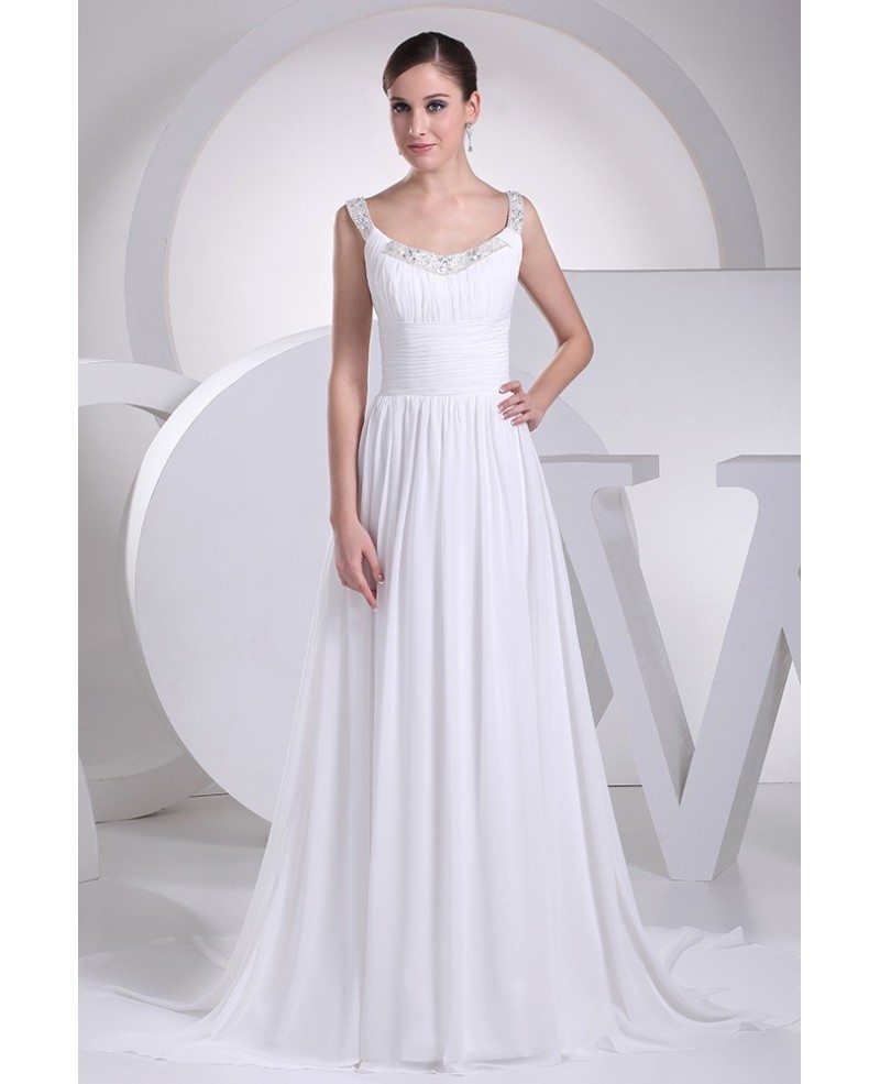 Flowing Chiffon Train White Folded Bridal Dress with Beading Neck # ...