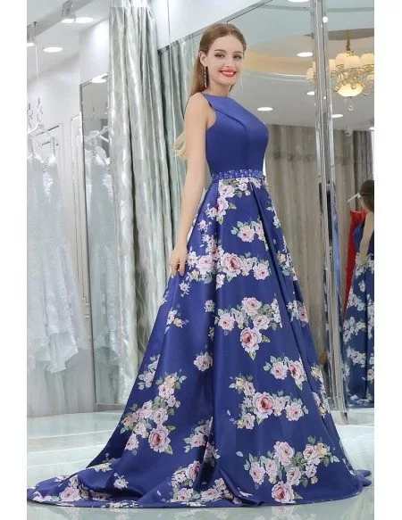 Floral Printed Royal Blue Beaded Satin Evening Gown For Prom Girls