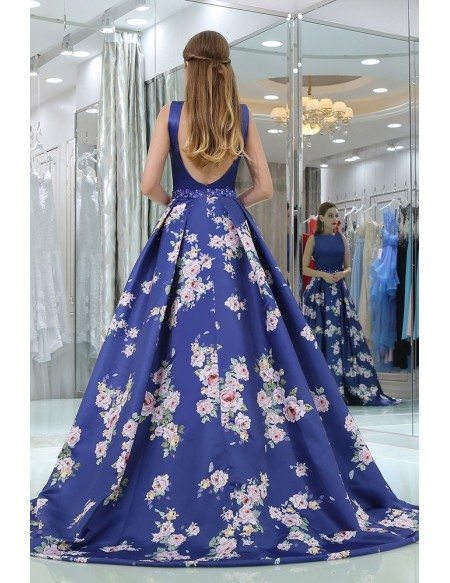 Floral Printed Royal Blue Beaded Satin Evening Gown For Prom Girls