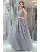 Girl's Lavender Tulle Lace Long Prom Dress For Party