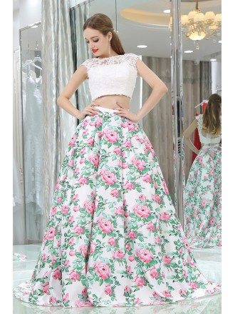 Beautiful Floral Print White Lace Prom Gown In 2 Piece For Women