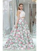 Beautiful Floral Print White Lace Prom Gown In 2 Piece For Women