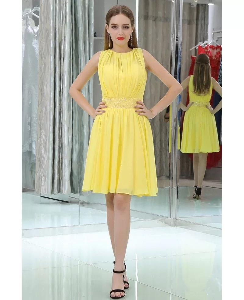 Simple High Neck Short Yellow Chiffon Prom Dress With Beading Waist # ...